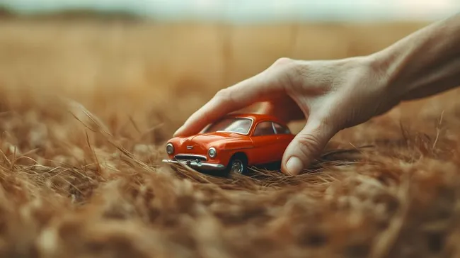 Kleines rotes Spielzeugauto in der Hand auf goldenem Weizenfeld