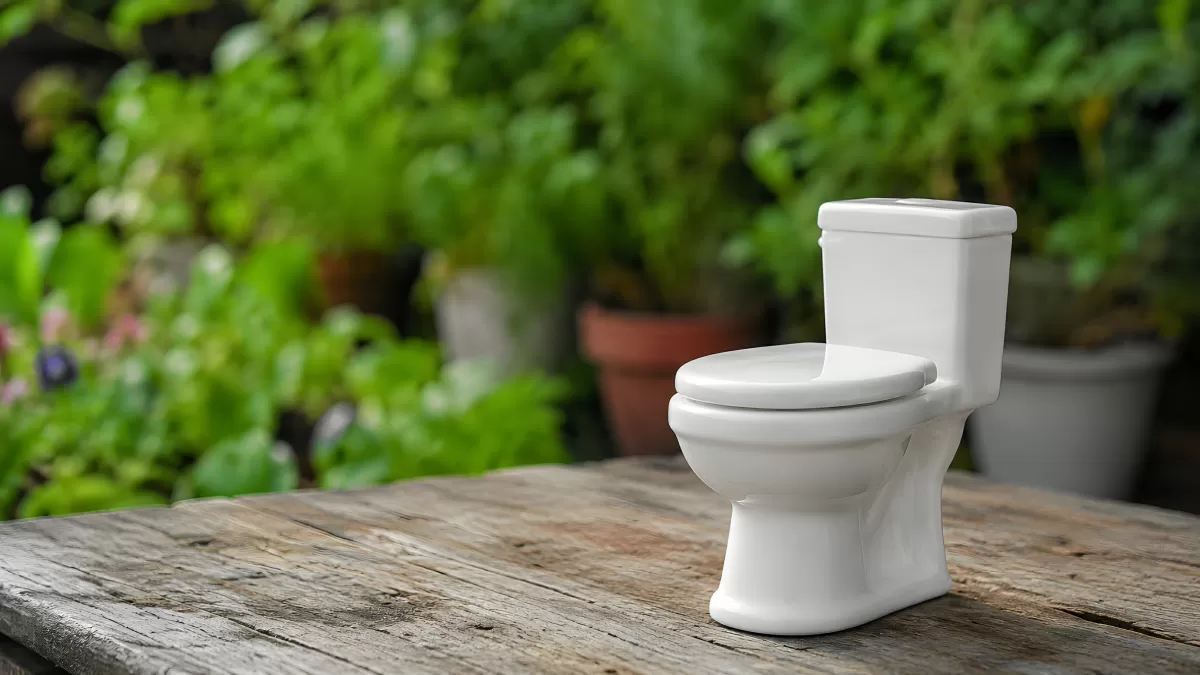 Kleines weißes Toiletten-Modell auf Holztisch im Garten