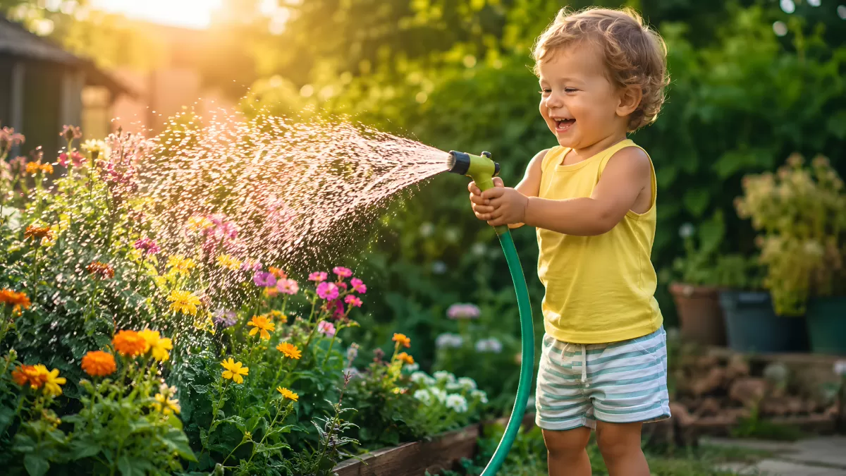 Kleinkind gießt bunte Blumen mit Gartenschlauch