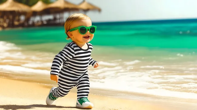 Kleinkind im gestreiften Strandoutfit mit Sonnenbrille am Meer