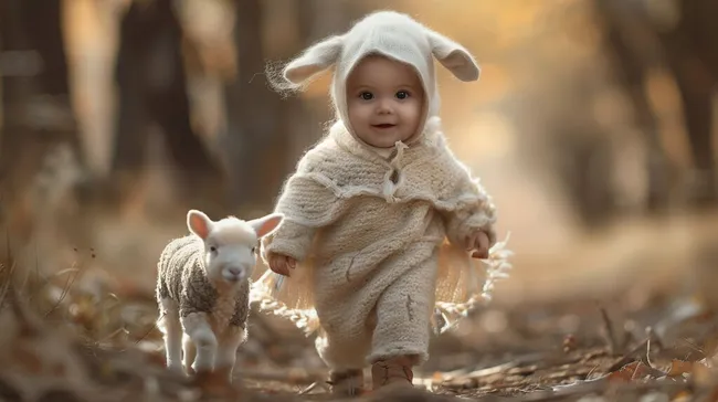 Kleinkind in Schaffellkostüm begleitet Lamm im Herbstwald