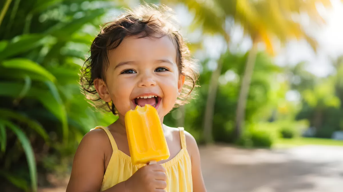 Kleinkind isst fröhlich ein gelbes Eis am Stiel