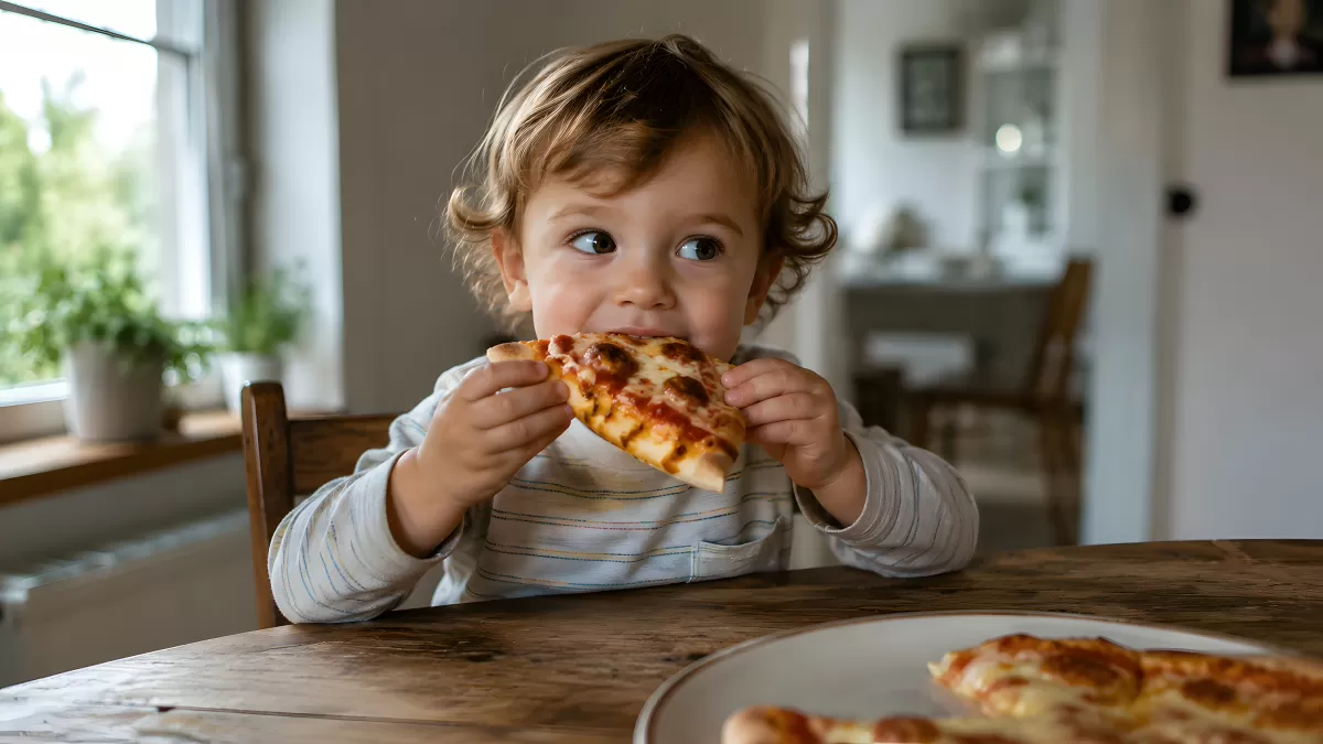 Kleinkind isst genüsslich ein Stück Pizza am Tisch