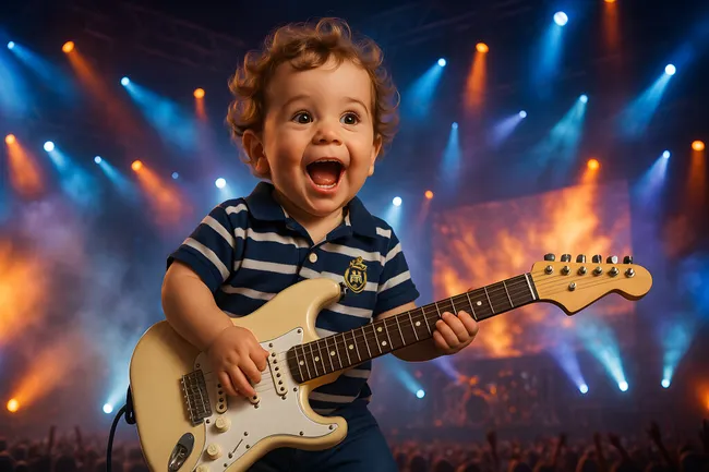Kleinkind spielt begeistert Gitarre auf großer Bühne