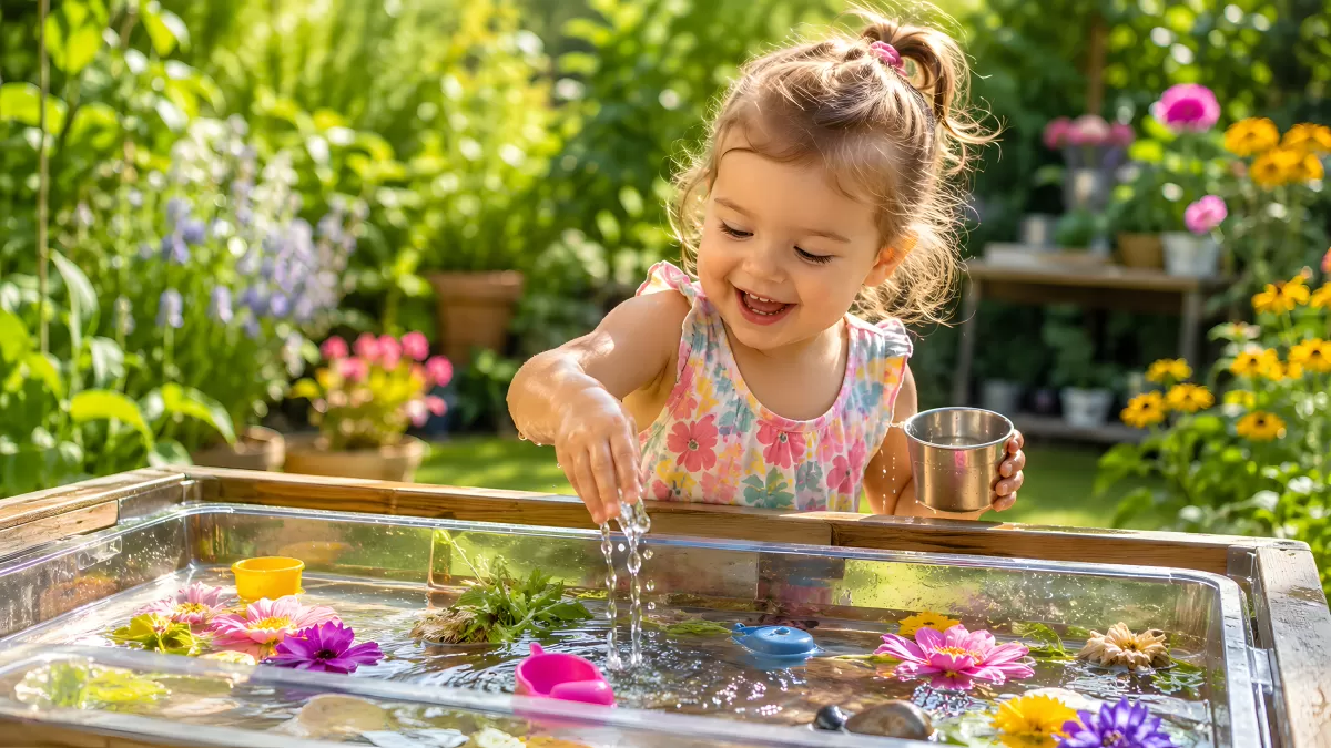Kleinkind spielt fröhlich am Wassertisch im Garten