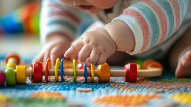 Kleinkind spielt mit bunten Holzspielzeugen