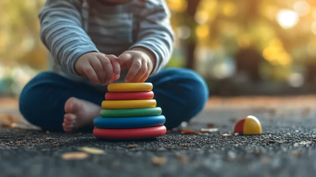 Kleinkind spielt mit bunter Holz-Stapelstange im Freien