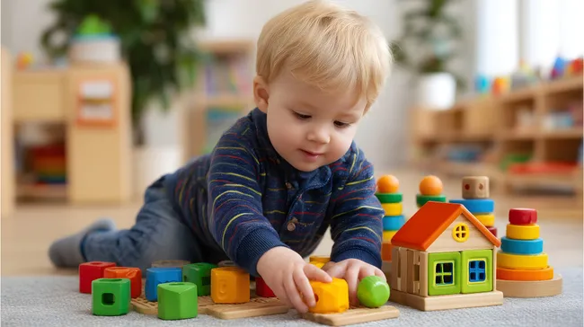 Kleinkind spielt mit farbigen Holzspielsachen in moderner Kindertagesstätte