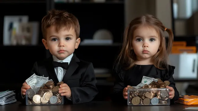 Kleinkinder im Anzug tragen Münzen und Dollarscheine