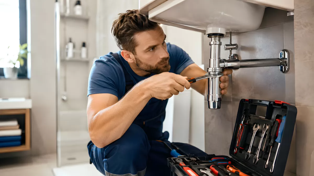 Klempner repariert Siphon unter Waschbecken im Bad