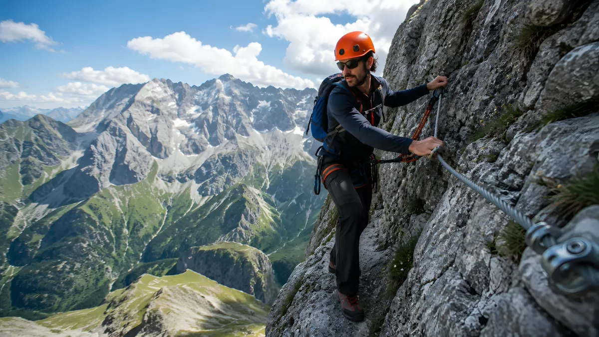 Kletterer am Klettersteig mit Alpen-Panorama