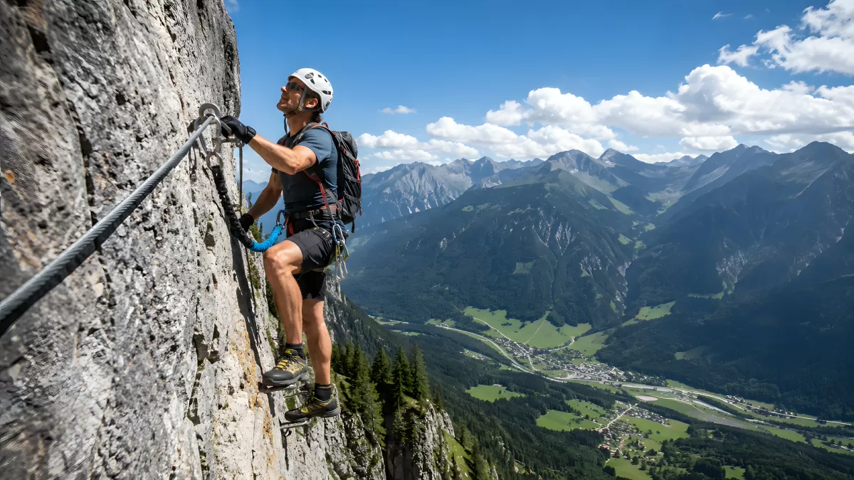 Kletterer am Klettersteig mit Alpenpanorama im Hintergrund