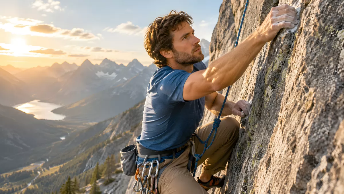 Kletterer an Felswand mit Bergpanorama im Sonnenuntergang