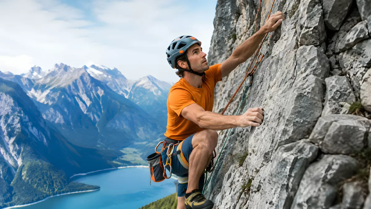 Kletterer an Felswand mit Bergpanorama und See