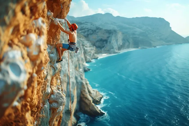 Kletternder Extremsportler an Felsküste