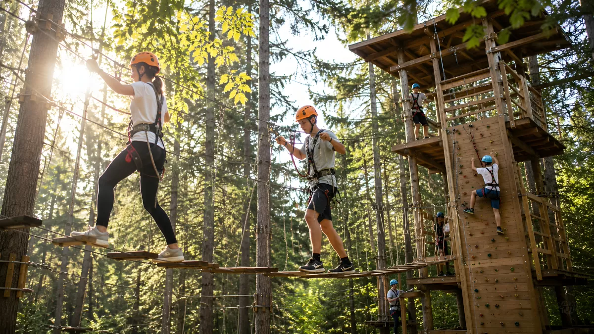 Kletterpark im Wald mit Hängebrücke und Kletterturm