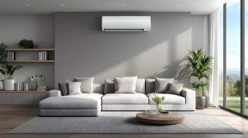 Klimaanlage über Sofa im hellen Wohnzimmer