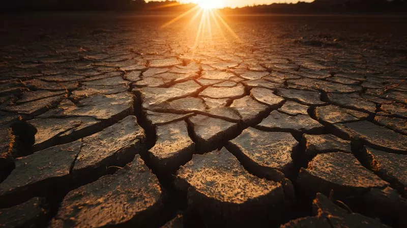 Klimawandel: Aufgerissene trockene Erde unter brennender Sonne auf Feld