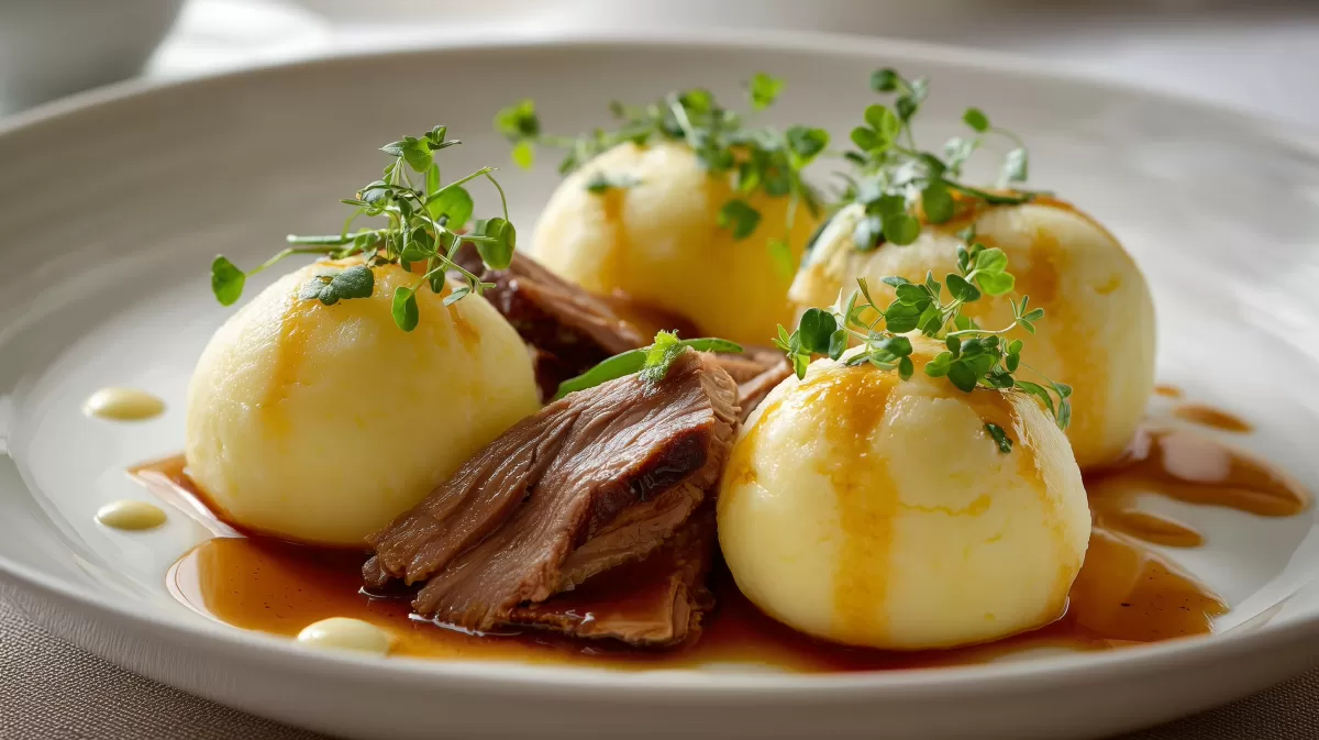 Klöße von gekochten Kartoffeln mit Schmorbraten