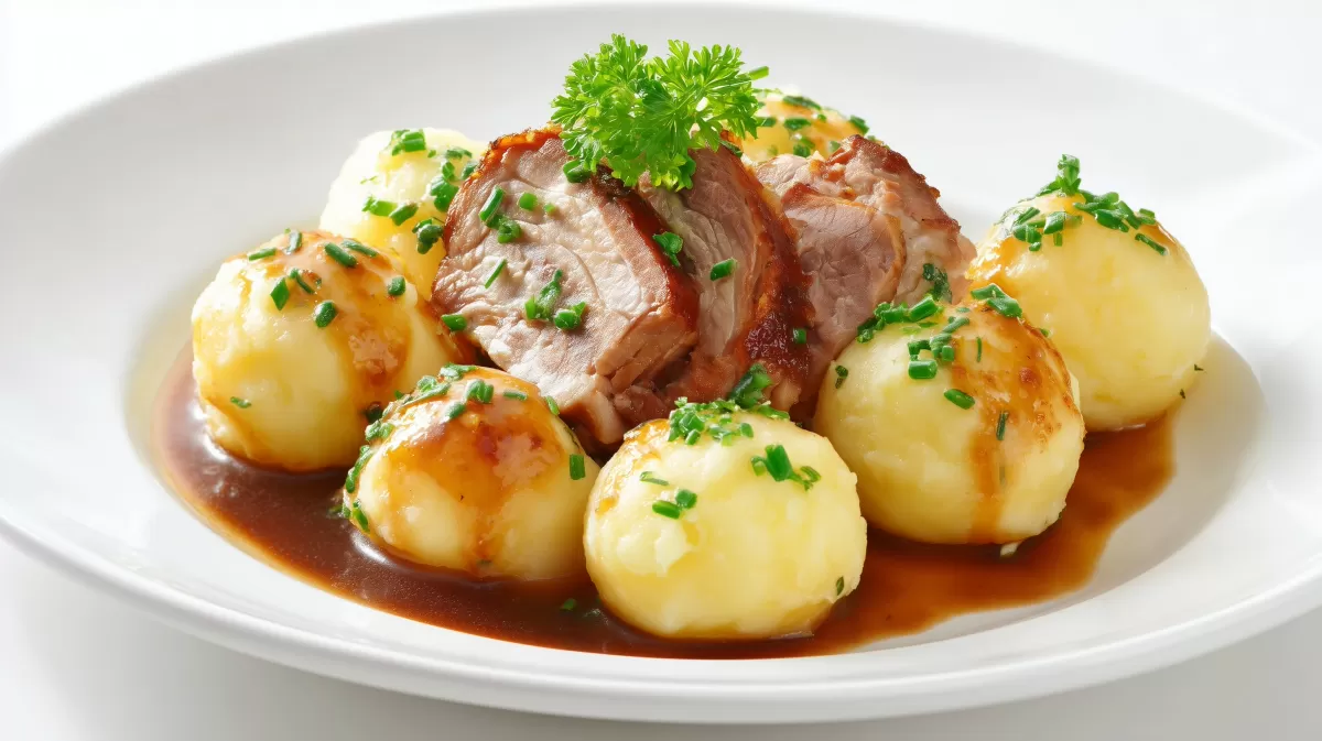 Klöße von gekochten Kartoffeln mit Schweinebraten