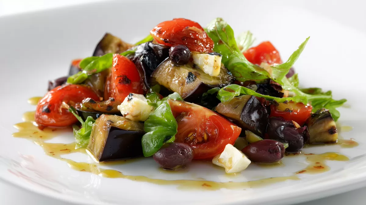 Knackiger Auberginen Salat mit Tomaten und Oliven