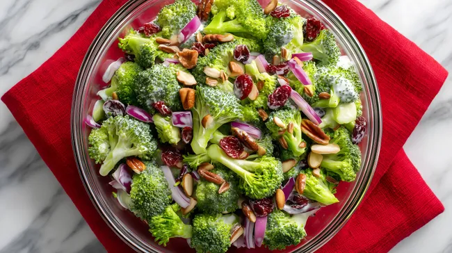 Knackiger Brokkoli-Salat mit Nüssen und roten Zwiebeln