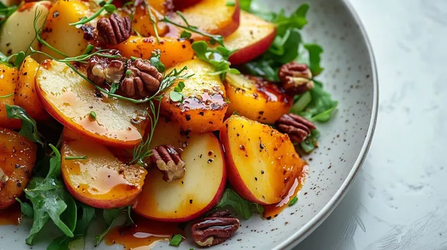 Knackiger Herbstsalat mit gegrillten Pfirsichen und Pekannüssen