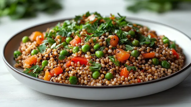 Knackiger Salat mit Buchweizen, Erbsen und Paprika