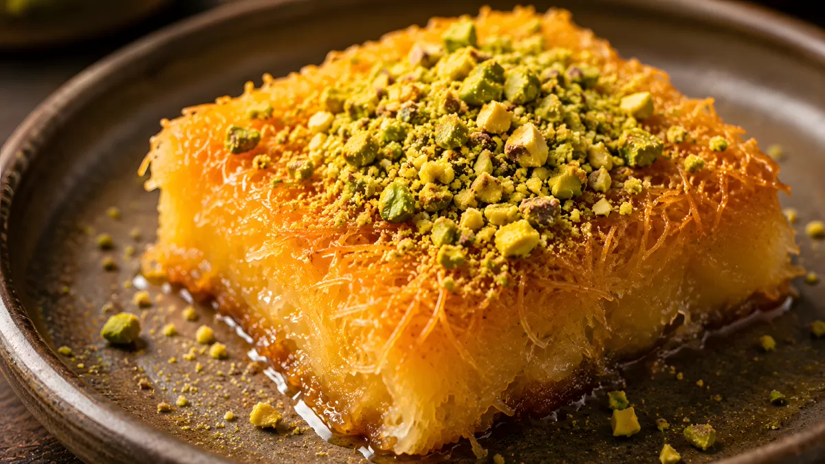 Knafeh mit Pistazien auf rustikalem Tonteller