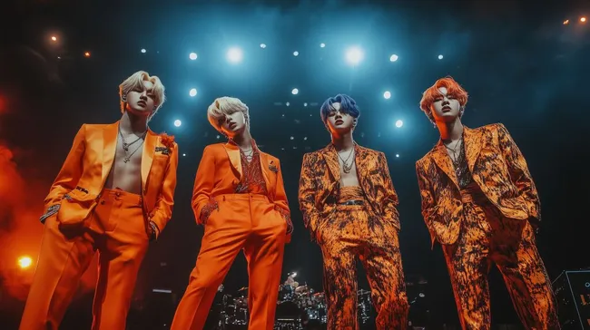 Knallbunte K-Pop-Boygroup in auffallenden Bühnenkostümen