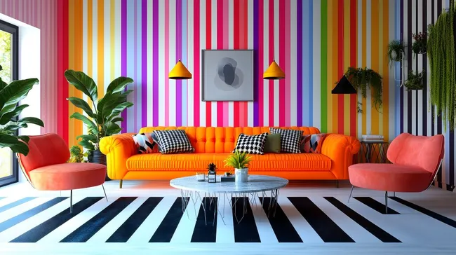 Knallbuntes Wohnzimmer mit farbenfroher Tapete