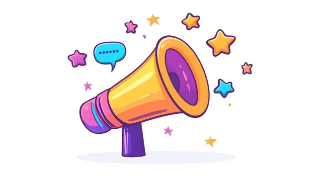 Knalliges Megafon mit Sprechblase und Sternenmotiv
