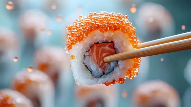 Knalliges Sushi-Foto mit Lachs und Kaviar