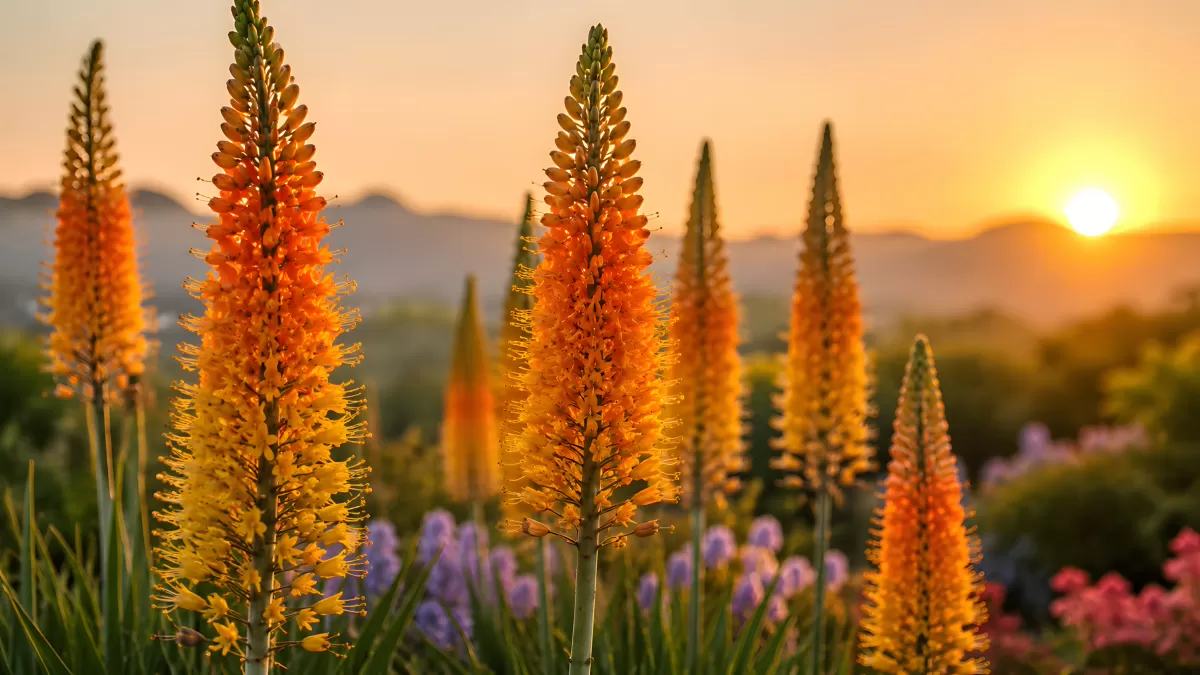 Kniphofia-Blüten leuchten orange im Sonnenuntergang