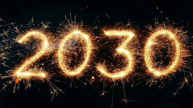 Knisternde Zahl 2030 aus Wunderkerzen auf schwarzem Hintergrund