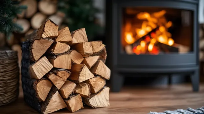 Knisterndes Kaminfeuer mit Brennholzstapel