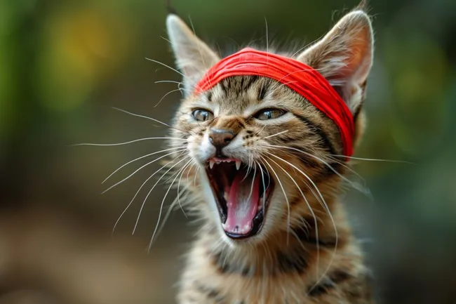 Knurrende Katze mit roter Stirnbinde