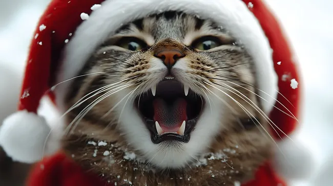 Knurrendes Katzengesicht mit Weihnachtsmütze im Schnee