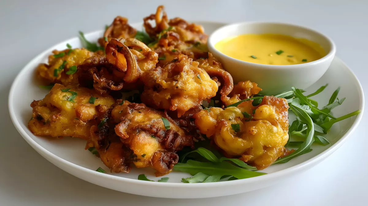 Knusprig-frittierte Meeresfrüchte mit Dip auf Teller