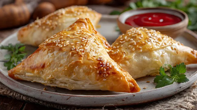 Knusprig gebackene Samosas mit Sesam und Kräutern