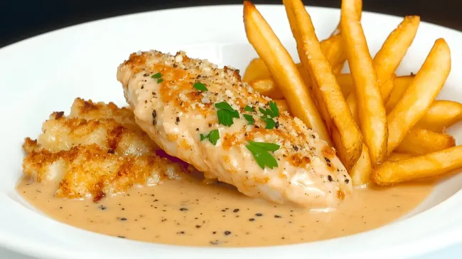 Knusprig gebackenes Hühnchen mit Pommes und Soße