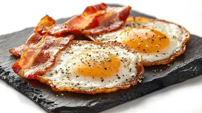 Knusprig gebratene Spiegeleier mit Bacon auf Schieferplatte