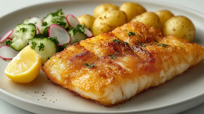 Knusprig gebratener Fischfilet mit Kartoffeln und Salat