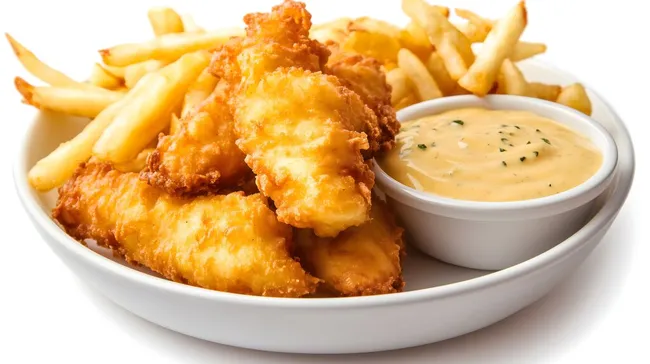 Knusprig gebratenes Fischfilet mit Pommes und Kräutersoße