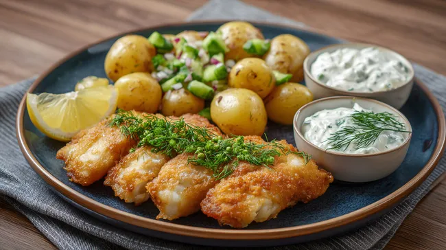 Knusprig panierter Fisch mit Kartoffeln und Kräuterquark