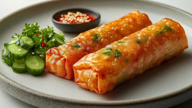 Knusprige asiatische Frühlingsrollen mit Gurkensalat