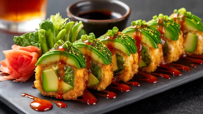 Knusprige Avocadosushi-Rollen mit Sauce auf dunklem Teller