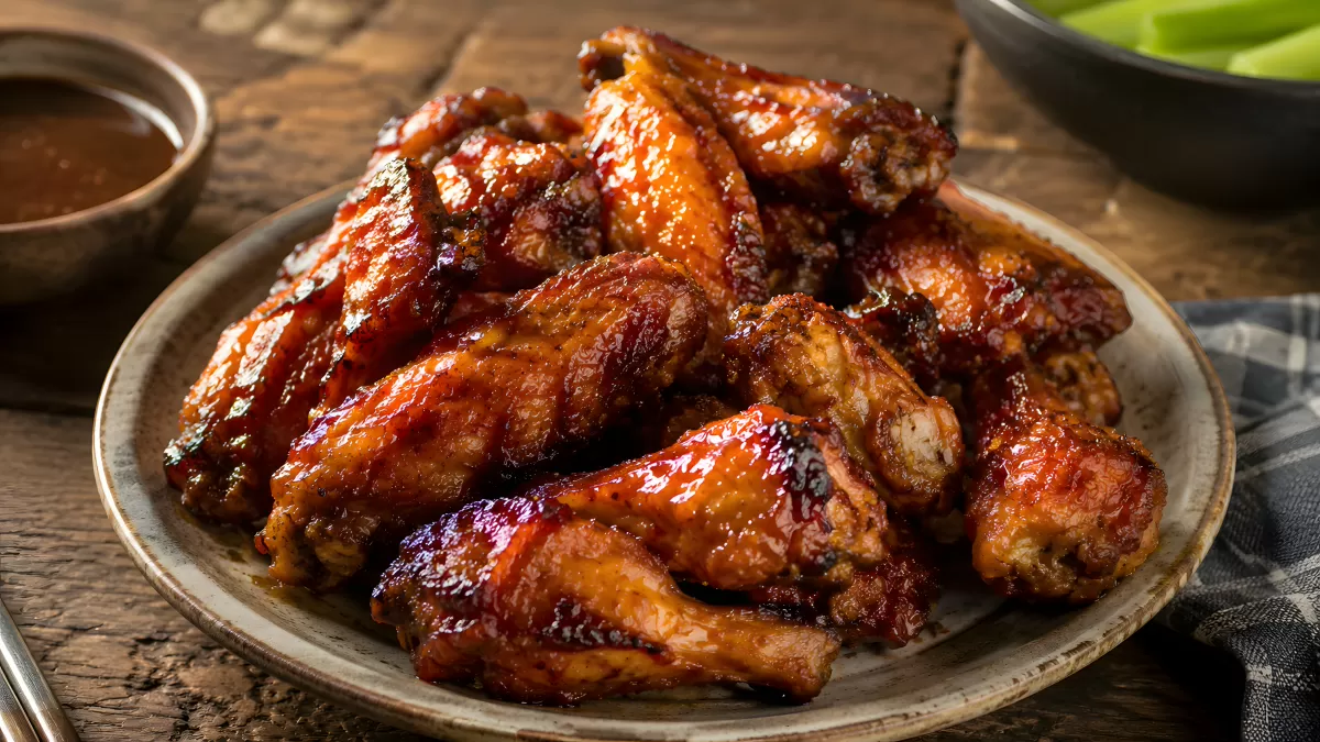 Knusprige BBQ-Chicken-Wings auf rustikalem Teller