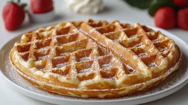 Knusprige belgische Waffel mit Puderzucker und Erdbeeren