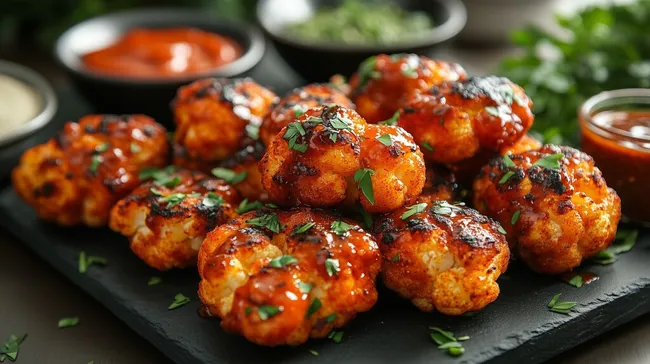 Knusprige Blumenkohl-Nuggets in würzigem Tomatensoßen-Dip